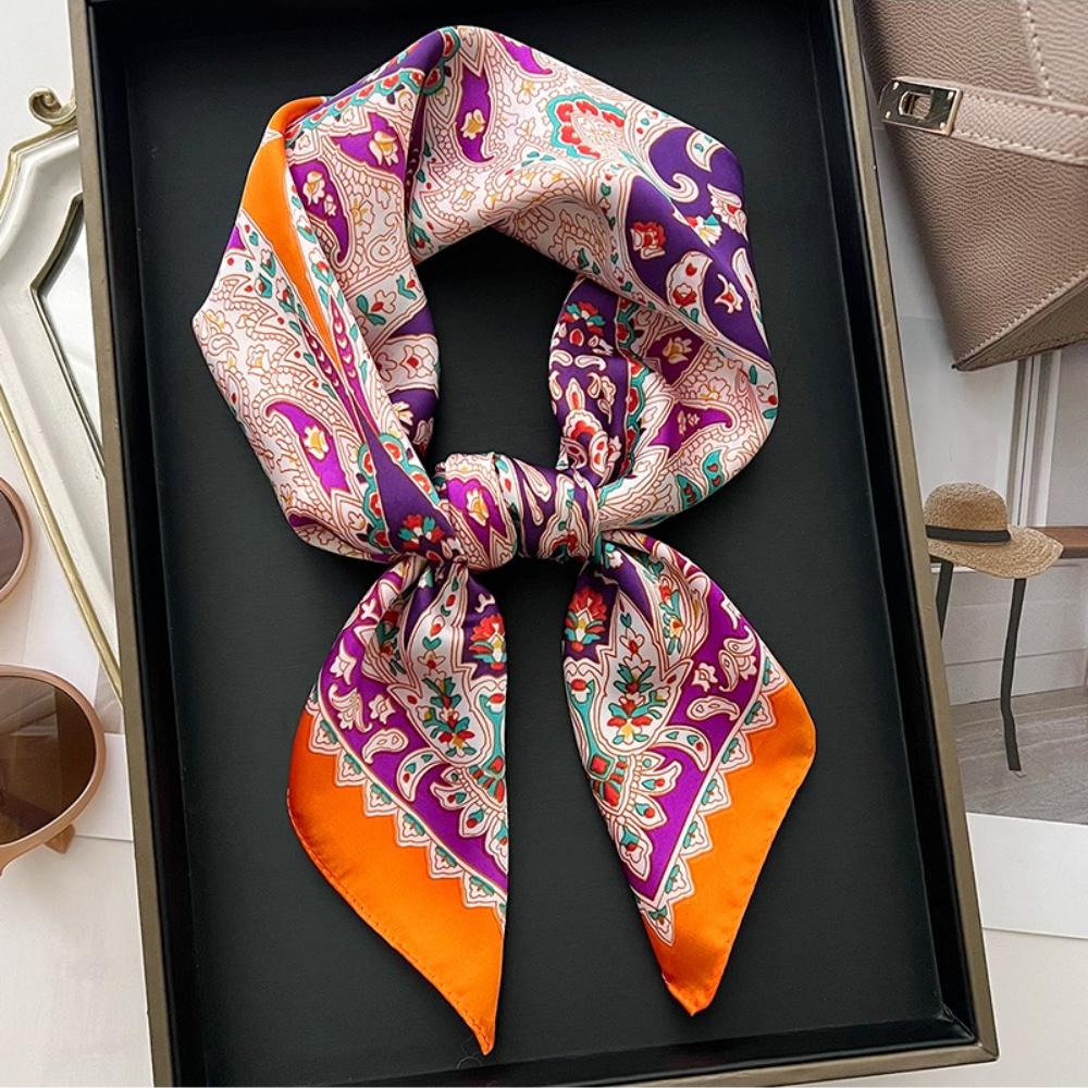 Retro Cashew Floral Print Silk Square Scarfs for Women 70*70cm Hijab Decorate Neckerchief Female Neck Ties Soft Satin Hairband