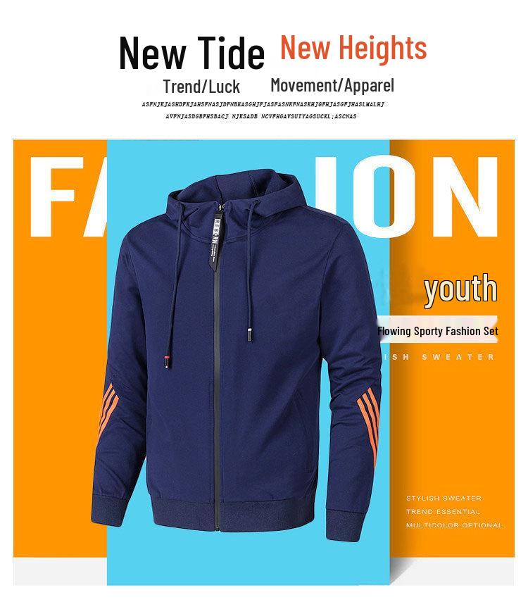 Men's Trendy Autumn Zip-Up Hooded Sweatshirt with Three Stripes Print