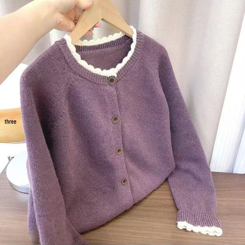 2025 Women's Chic Round Neck Lace Cardigan - Loose Knit, Fashionable and Age-Reducing