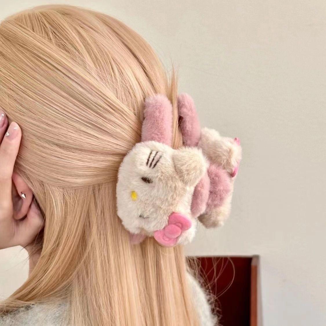 New Double-Sided Kitty Cat Plush Claw Clip - Black Leather Cartoon Shark Hairpin