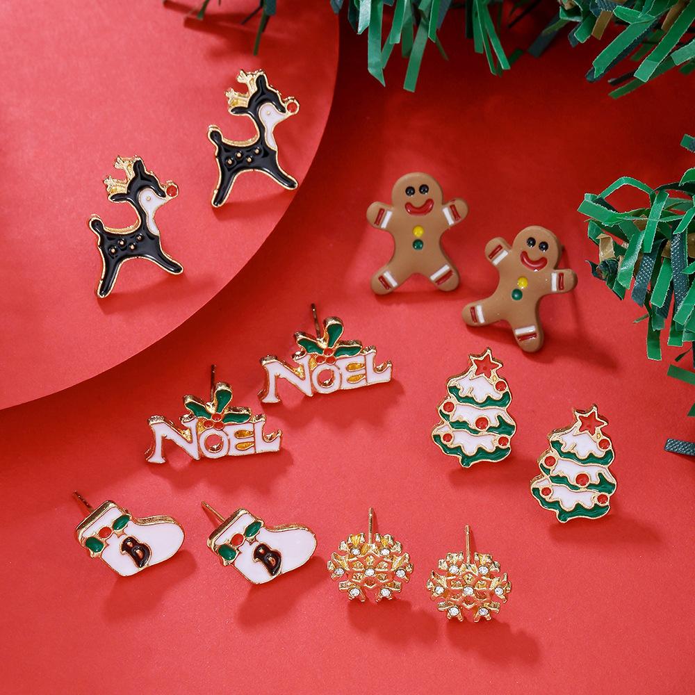 Europäische und amerikanische Weihnachts-Steckohrringe 1 Paar Kombinationsset Schneeflocke Elch Weihnachtsbaum Legierung Atmosphäre Ohrringe Ohrringe Schmuck