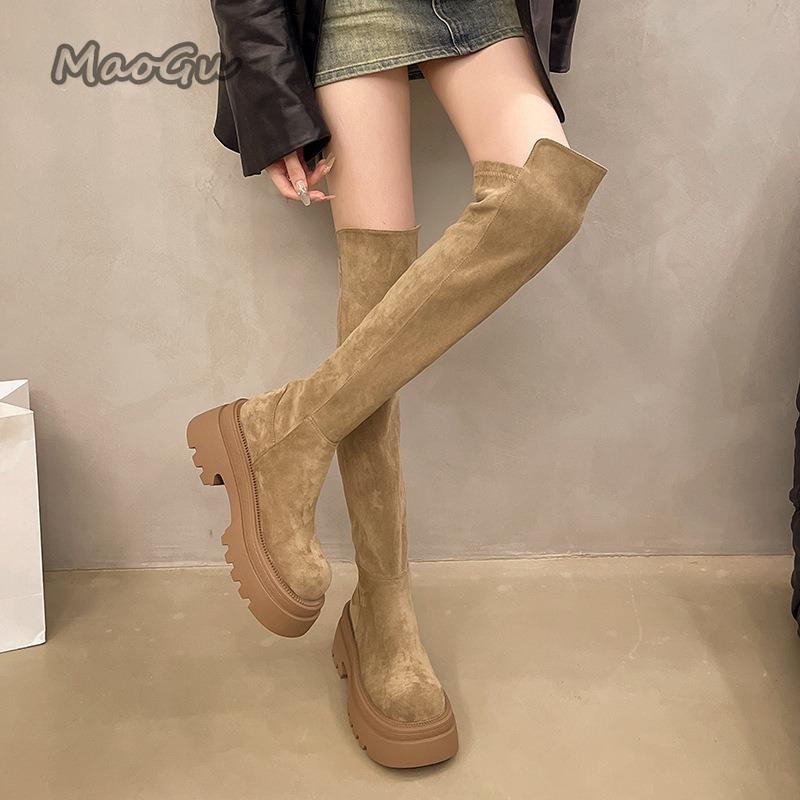 Suede Brown Women's Thigh High Boots Height Increasing Anti-slip High Heel Vintage Over-the-Knee Boots for Women Botas Mujer
