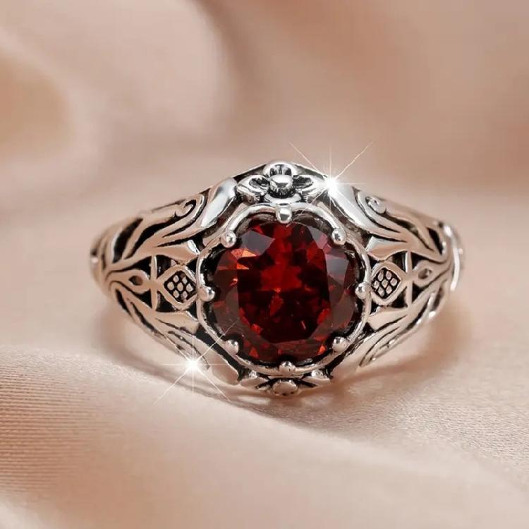 Roter Edelstein Gotischer Stil Ring Für Damen Herren Punk Mode Schmuck Retro Design Legierung Gefertigt Komfort Passform Bandgröße 7