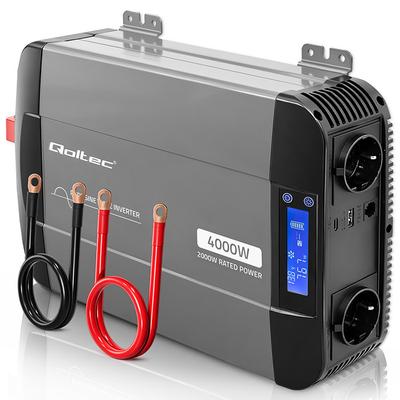 Conversor de Tensão Qoltec Onda Senoidal Pura | 12V para 230V | 1000/2000W | LCD | USB | USB-C | Compatível com LiFePO4 GEL AGM
