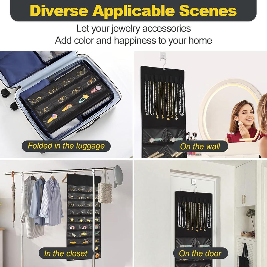 Hanging Jewelry Organizer with Multi-size pockets Double-Sided Jewelry Holder for Earrings, Necklaces, Rings on Closet, Wall, Door,Jewelry Organizer