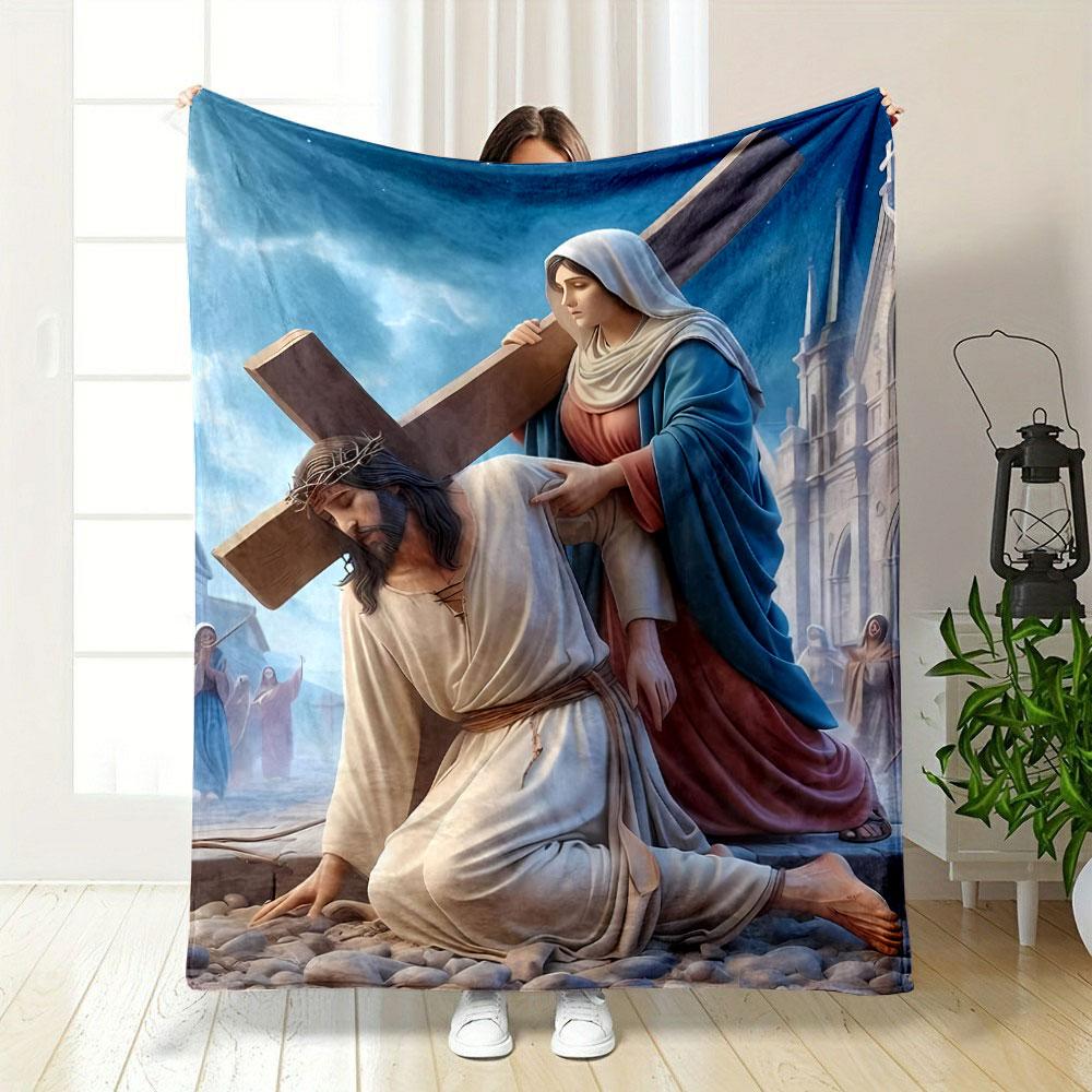 Jesus Carrying Cross Mary Comforting Blanket Printed Blanket for Living Room Bed Couch lunch break Soft Cozy Blanket for Friend's festival Gift