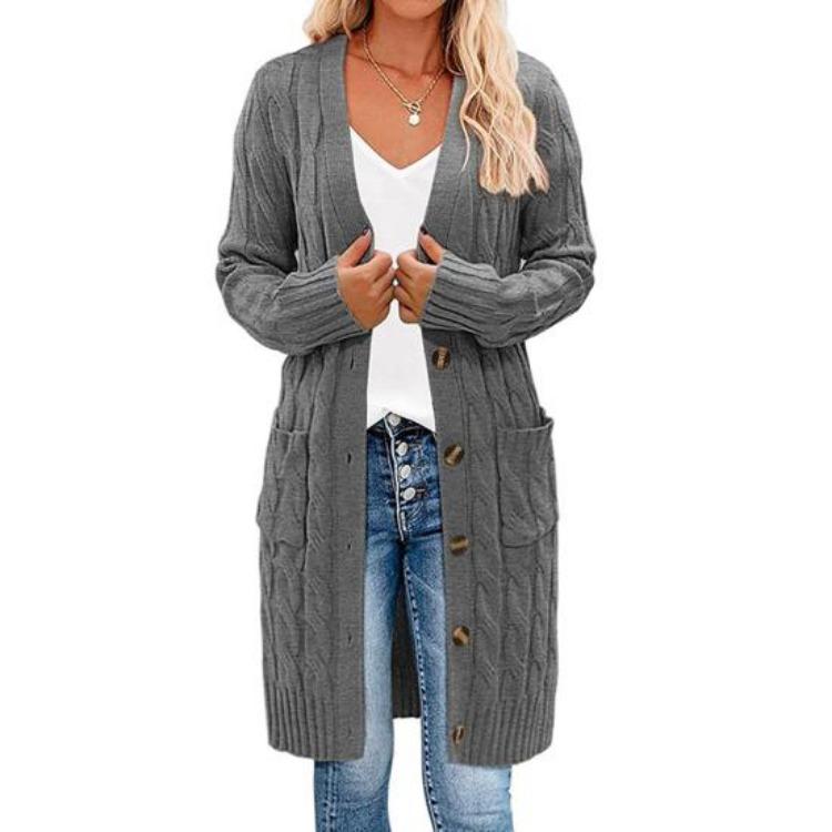 Button Up Knitting Jacket Women Sweater Cardigan Solid Color V Neck Long Sleeve Twist Texture Tops with Pockets