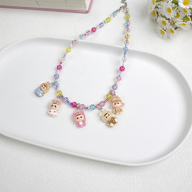 New Korean Version Transparent Resin Colored Bead Pull Cloth Necklace Cute Cartoon Pendant Accessory Chain Necklace