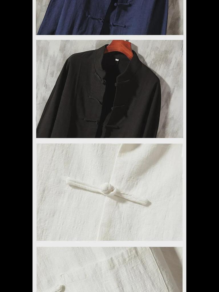 Men's Chinese Style Buttoned Cotton-Linen Stand Collar Shirt, Retro Long-Sleeve Top for Spring and Autumn