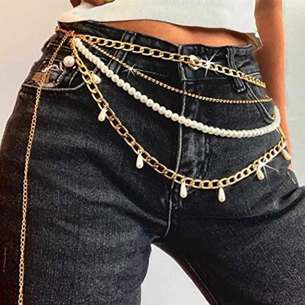 New metal chain imitation pearl multi-layer body chain, temperament versatile claw diamond waist chain women