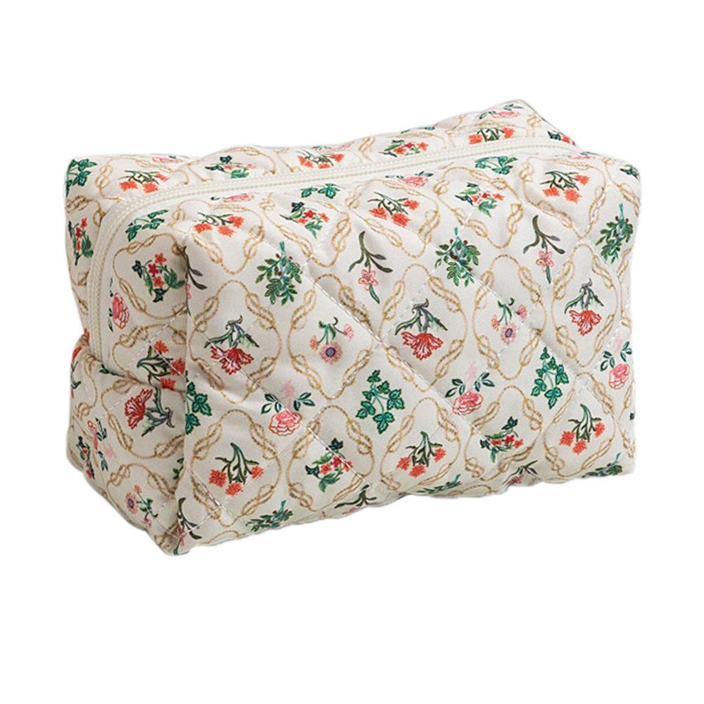 Portable Quilted Cotton Cosmetic Bag Flower Printed Large Capacity Makeup Bag Travel Organizer Washbag
