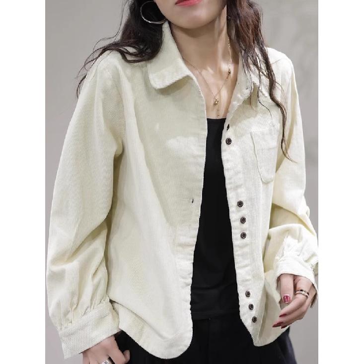 Primavera Outono Novo Vintage Solto Casual Camisa de Veludo Cotelê Feminina Bolso Moda Versátil Cardigã Top Mulheres Blusa de Manga Comprida Femme