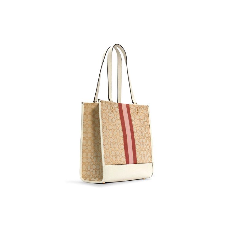 Coach Dempsey 30 Monogram Stripe Logo Accent Fabric And Leather Tote Bag Women tote Khaki Light-Pink 1917-IMSWZ
