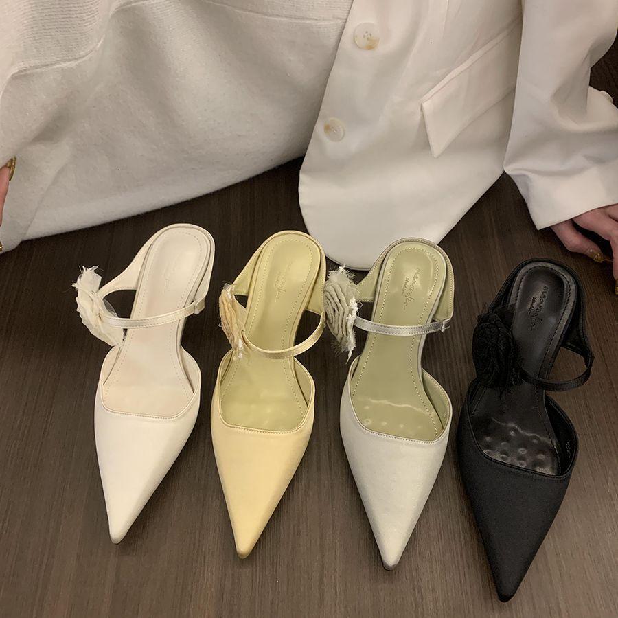High-heeled New Chinese-style Flower Retro Baotou Half-slippers Women's Shoes 2025 New Spring and Summer Outer Wear Half-support Single Shoes
