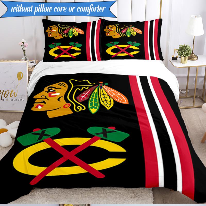 3PCS Chicago-Blackhawks Logo Bedding Set,Including 1pc Duvet Cover And 2pcs Pillowcases Perfect for Bedroom, Dormitory, Fan Christmas Gift