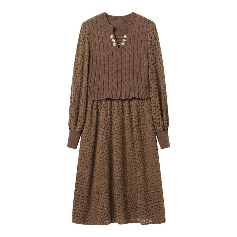 GMXIA Women's Knitted Dresses Autumn and Winter New Fashion Lantern Sleeve Long Sweater Dresses