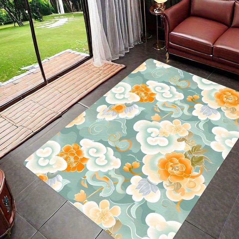 Floral Auspicious Clouds Design Polyester Carpet, Entryway Bedroom Room Mat, Non-Patchwork, PVC Backed, Machine Washable, Rectan 40cm x 60cm