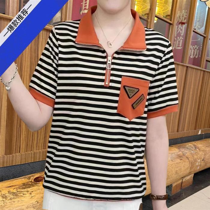 Letní dámský top středního věku na zip s klopou, pruhovaný, s krátkým rukávem, univerzální volné slim tričko jako základní vrstva