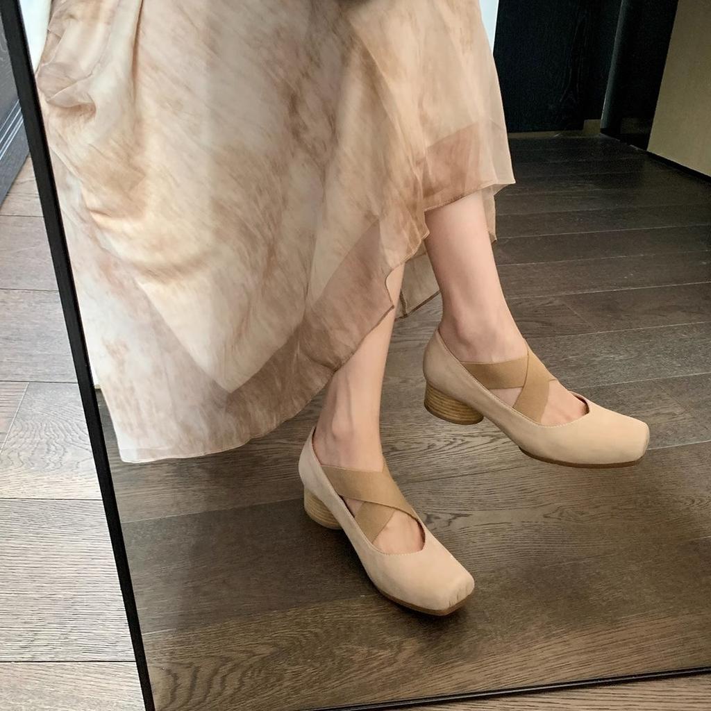 Pig Nose Square Head Polished Retro Cross Strap Thick Heel Ballet Shoes Single Shoes