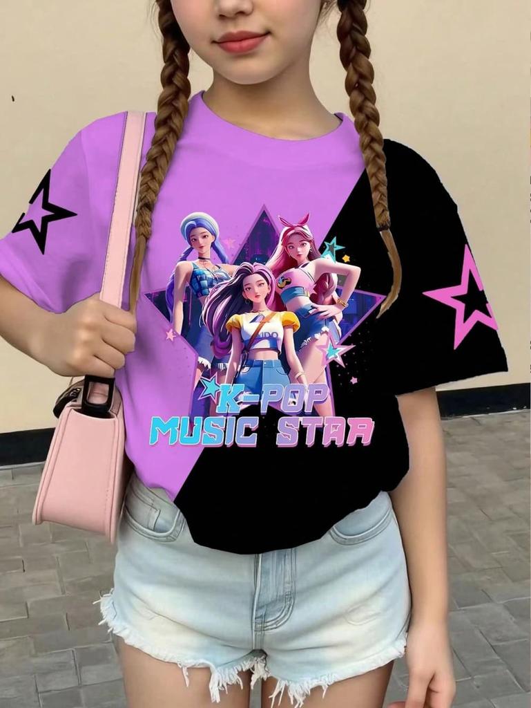 T-shirt Grafica Cartoon Kpop per Ragazze T-shirt Casual Girocollo Adatta per Ragazze Bambini Regalo Manica Corta