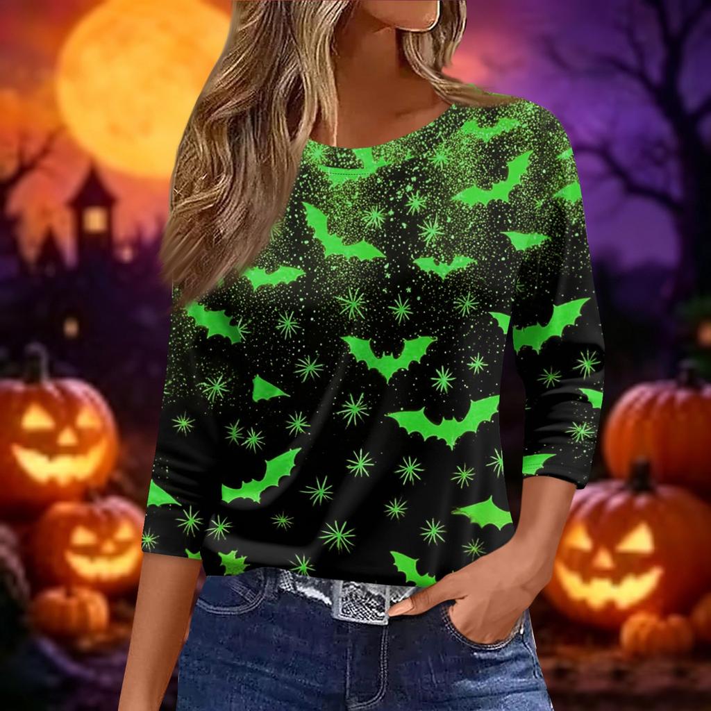 Women's Halloween Print Casual Loose Fit Round Neck Three Quarter Sleeve Shirt Lightweight Comfortable Top for Fall Season