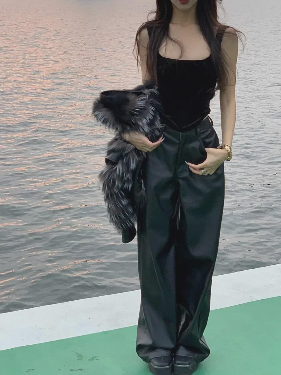 

Женские широкие брюки из искусственной кожи с высокой талией, большого размера, черного цвета - Осень/Зима, свободный крой L чёрный