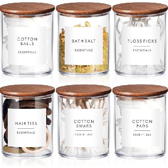 Yaomiao 6 Cotton Pad Holder Bathroom Container, 10 oz Cotton Ball Swabs Dispenser, Clear Plastic Apothecary Jar Organizer with Bamboo Lids for темно-коричневого
