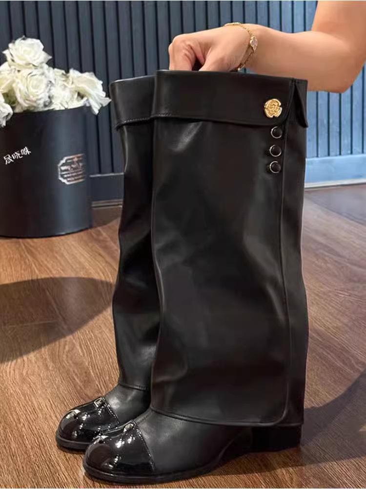 

Sheepskin version~ Camellia leather thick heel knight boots long boots women s small fragrant style high heel trousers long boots high boots 35