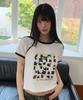LMR Cat Poster Ringer Crop Short Sleeve T-Shirt White