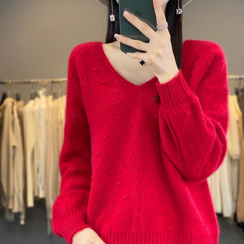 

V-Neck Crochet Wool Sweater: Autumn/Winter Fashion, Loose Fit, Slimming, Long Sleeve Pullover Extra Large
