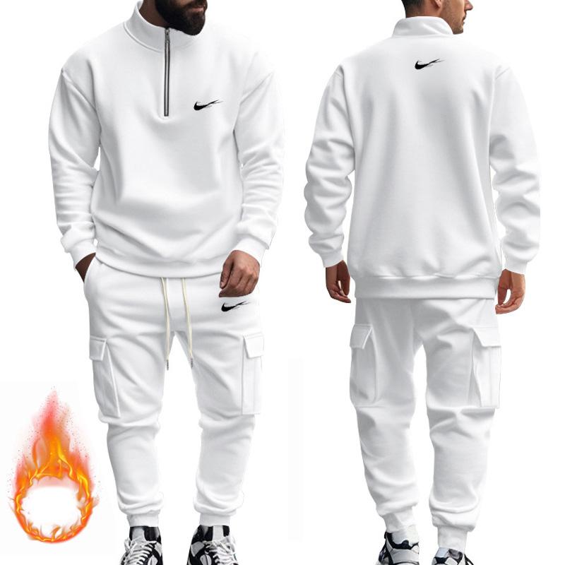 

Белый комплект из больших размеров, осень-зима, мужские спортивные штаны, новый стиль, американский, повседневный, плюшевый, теплый, на молнии M белый