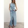 Spring and Summer Cinched Sleeveless round Neck Denim Vest 8228038 Midi Skirt High Waist Casual Denim Skirt 8228023