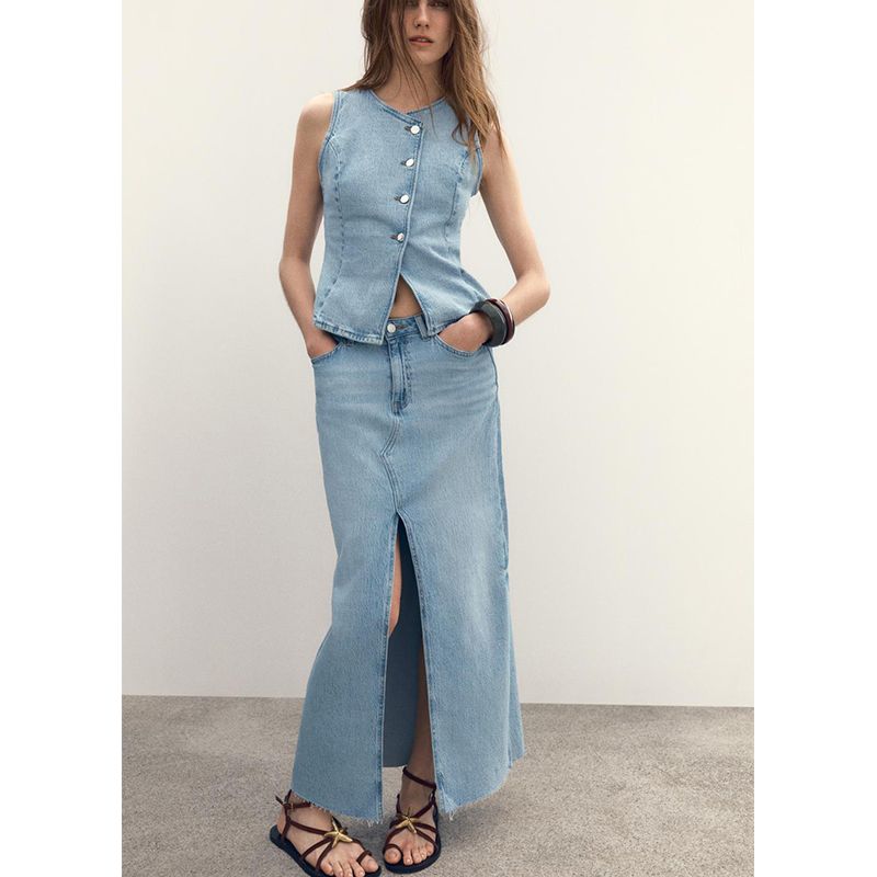 Spring and Summer Cinched Sleeveless round Neck Denim Vest 8228038 Midi Skirt High Waist Casual Denim Skirt 8228023