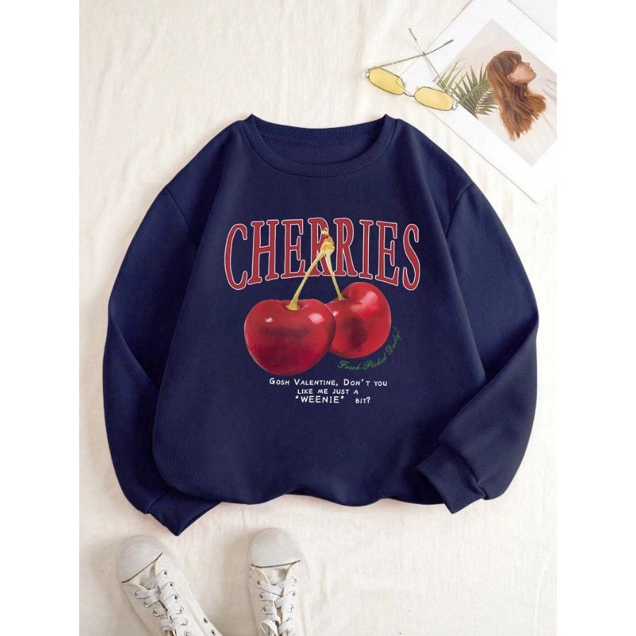 Fashion Womens Sweatshirt Fresh Red Cherries Printing Pullover Crewneck Fleece Soft Breathable Hoodie Autumn Female Streetwear