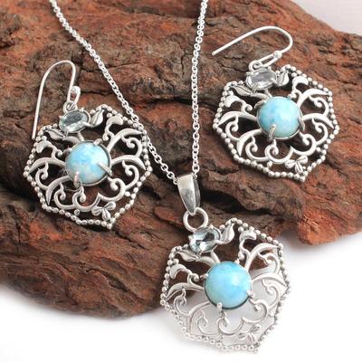 925 Sterling Silver Handmade Jewelry, Larimar Blue Topaz Jewelry Set, Handmade Earring, Women Jewelry Set