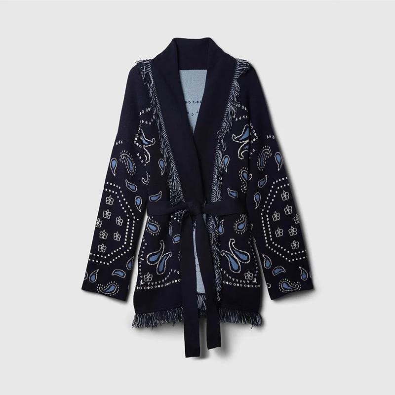 

Tassel Patchwork Printed Cardigan Women Geometric Patterns Belts V-neck Long Sleeve Knitted Street Lady Sweater 2026 Autumn Coat S синий