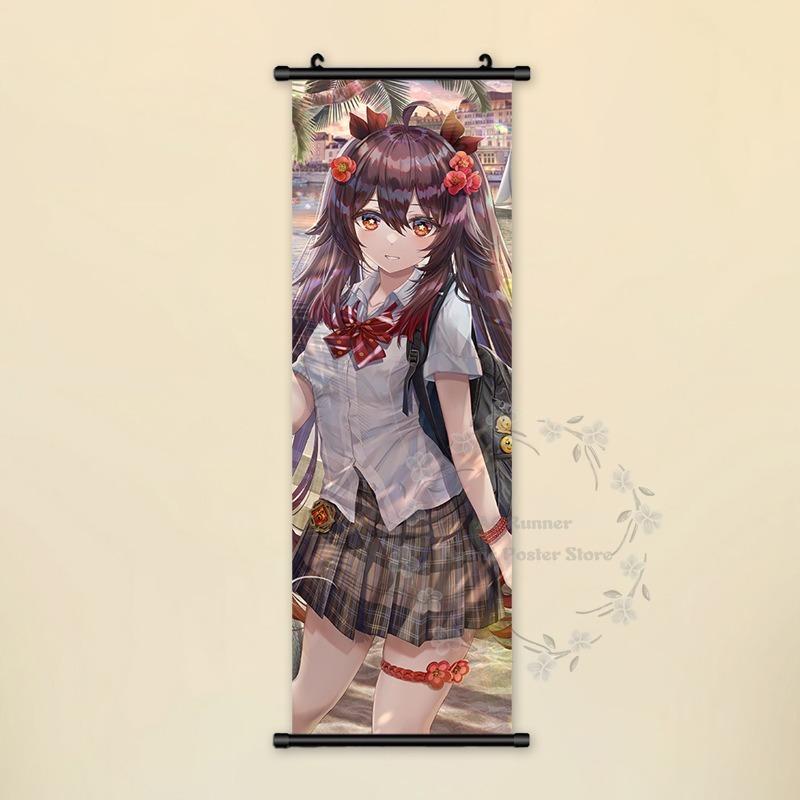 Impact Genshin Poster Anime Hot Games Wall Artwork Hutao Klee Vendi Canvas Painting Print Hanging Scroll Home Decoration Gift