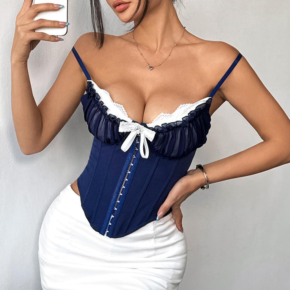 Fishbone Corset Top Sexy Mesh Ruffled Lace Top