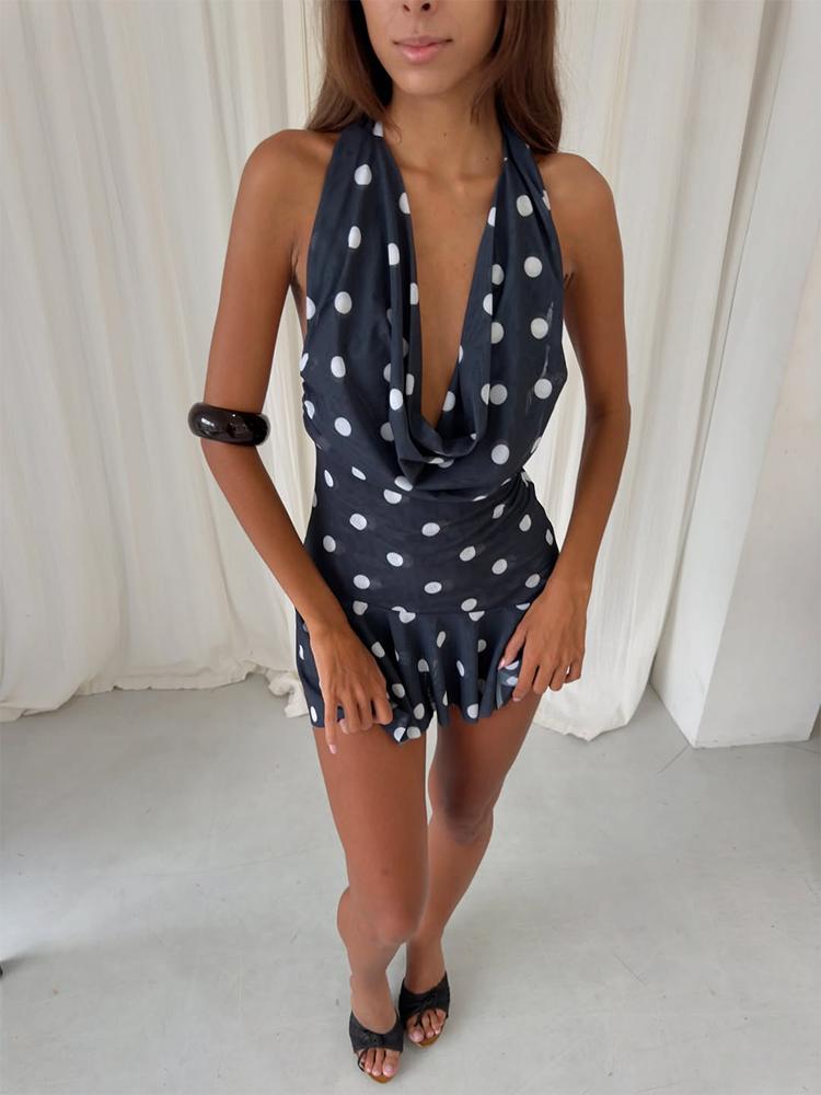 Mesh Pünktchen Neckholder Mini Kleid Damen Tiefes V-Ausschnitt Ärmellos A-Linie Sexy Rückenfrei Kontrast Schlank Kurz Kleid Partykleidung