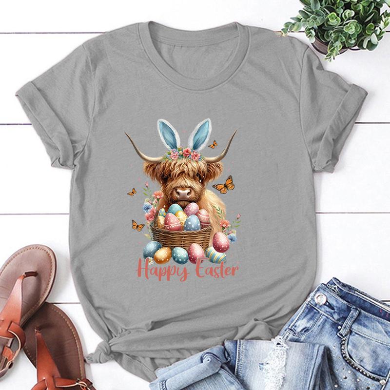 Hot Easter Day Unisex Short Sleeve Cow Happy Easter Print T Shirts Women Causal Harajuku Tops Funny T Shirt
