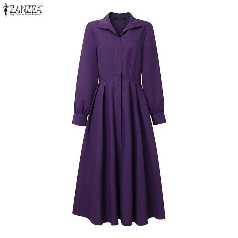 ZANZEA Women Casual Turn Down Collar Long Sleeve Long Dress