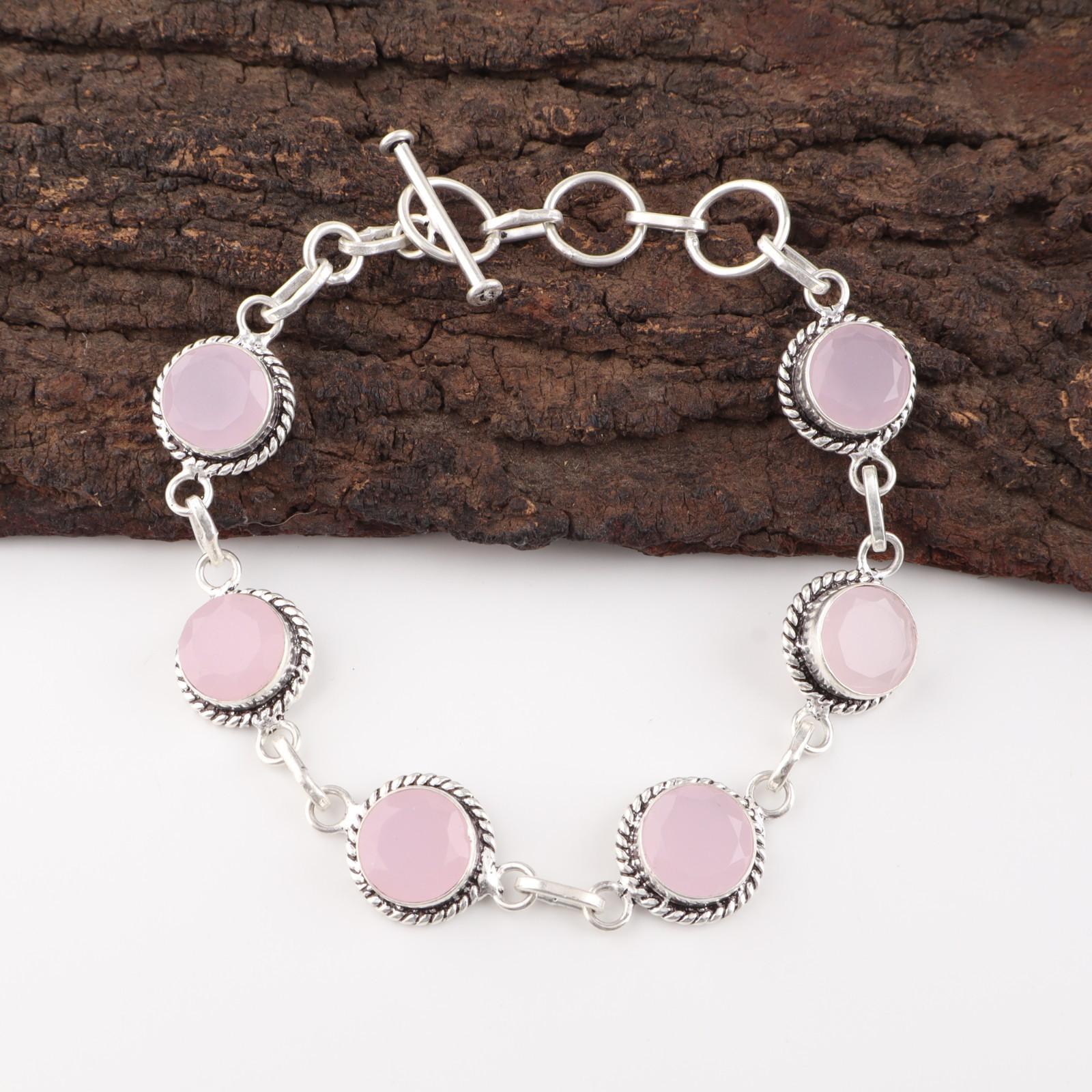 

Розовый Халцедон Драгоценный Камень 925 Стерлинговое Серебро Изделие Ручной Работы Браслет 7-9 RB-16-14