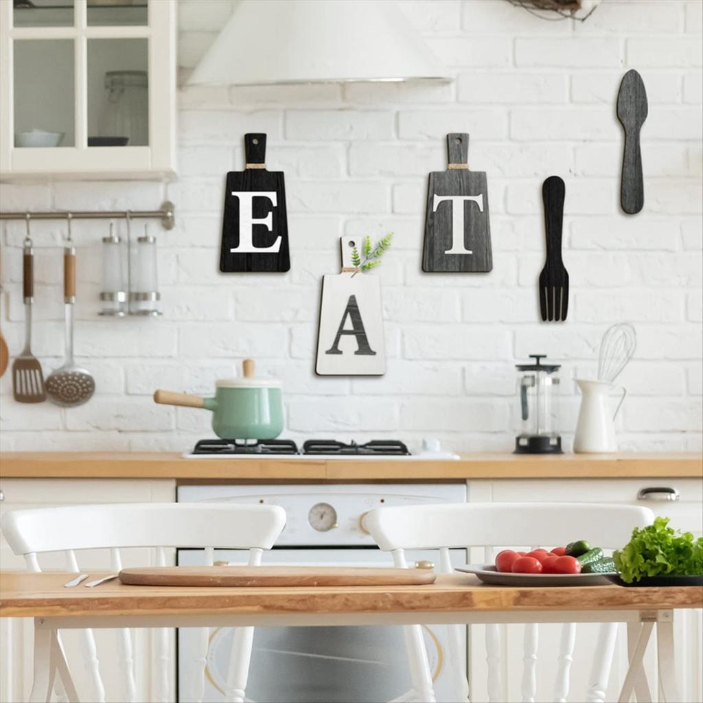 BHBL Cutting Board Eat Sign Set Hanging Art Kitchen Eat Sign Fork and Spoon Wall and Kitchen Decor,B