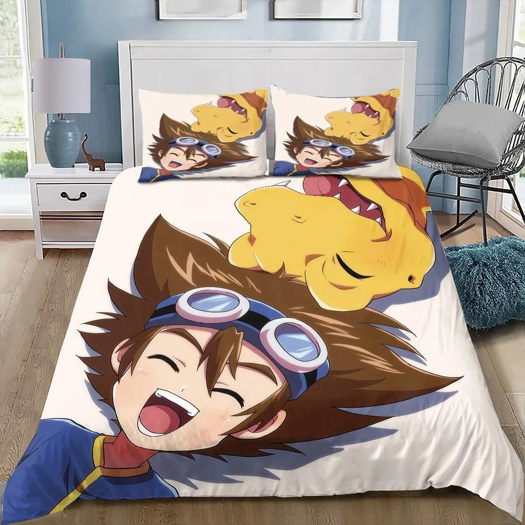 Digimon Cartoon 3D-Printed Bedding Set—Includes Duvet Cover and Pillowcases—Available for Single, Double, King, and Queen-Sized