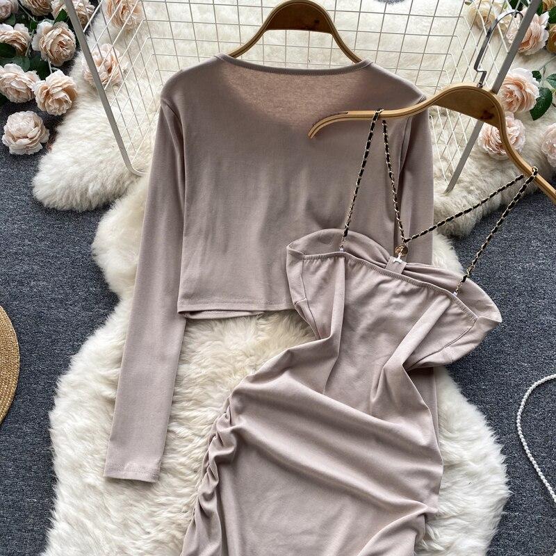 Autumn Small Fragrant Wind Retro Row Of Short Top + Hanging Neck Halter Wrap Hip Dress Two-Piece Set