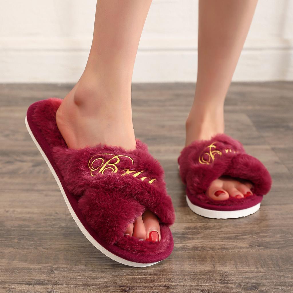 Embroidered Plush Slippers Indoor Anti Slip and Toe Exposed Slippers