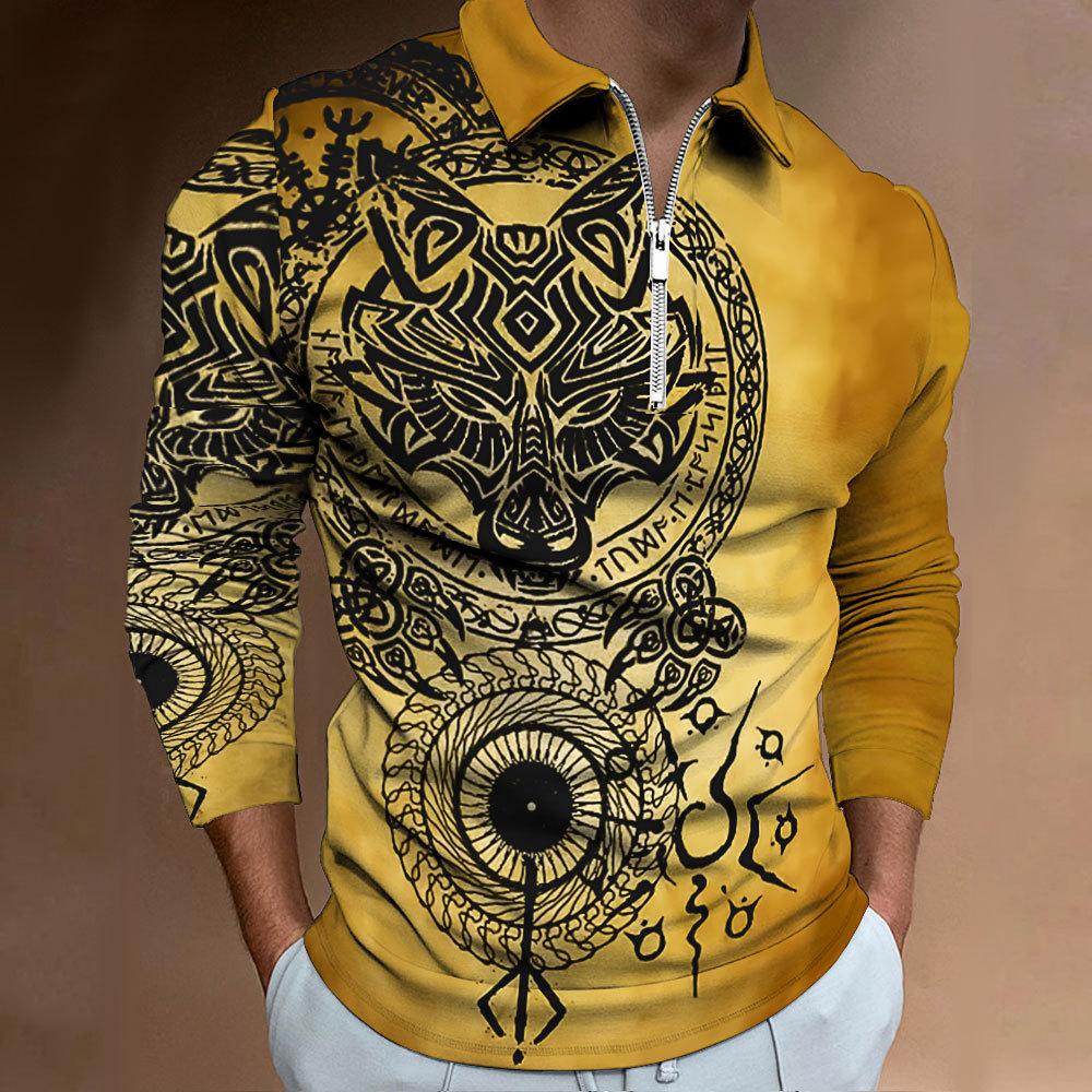 Viking Tribal Print Half-Zip Long Sleeve Polo, Fashion Casual Top