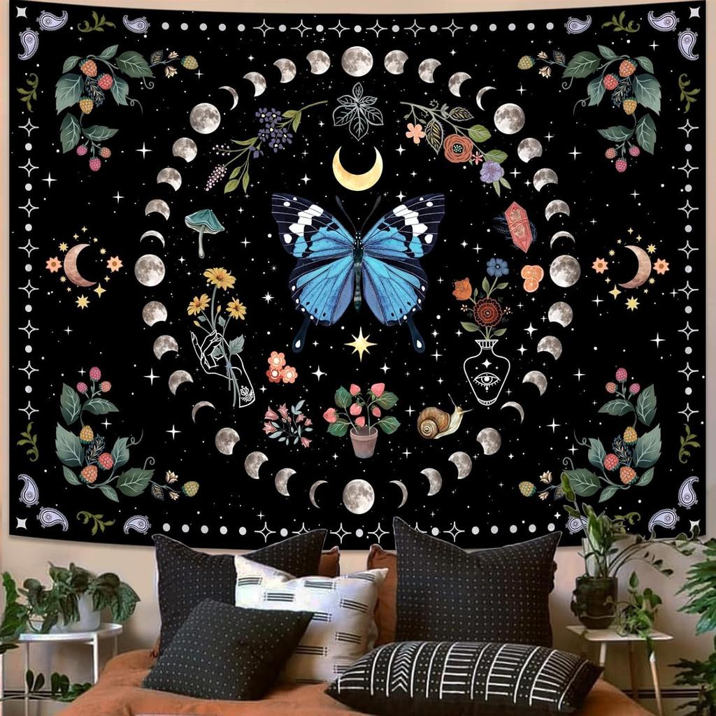 VIKAMA Butterfly Flower Moon Wall Hanging Tapestry Bedroom Living Room Dorm Home Decor