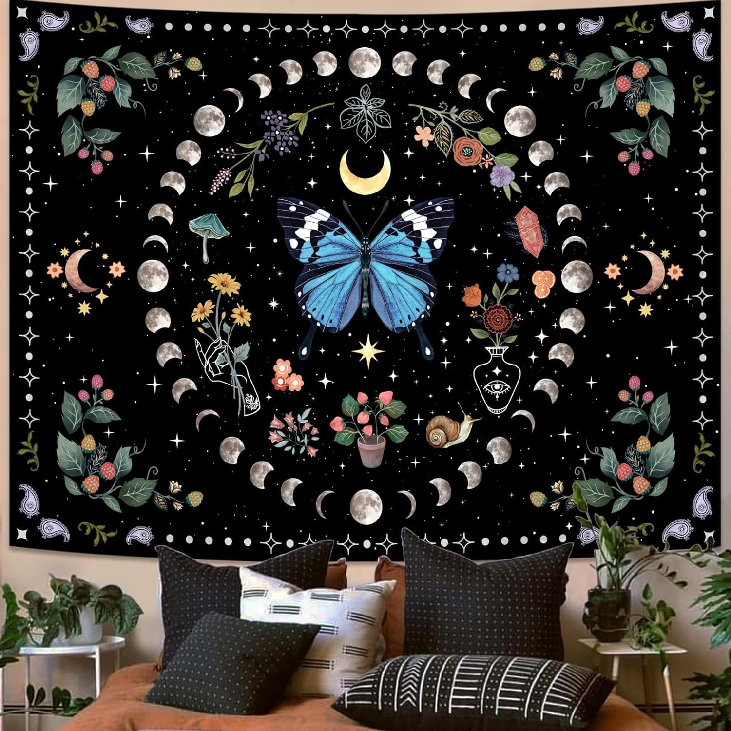 

VIKAMA Butterfly Flower Moon Wall Hanging Tapestry Bedroom Living Room Dorm Home Decor 74x94cm(29x37in)