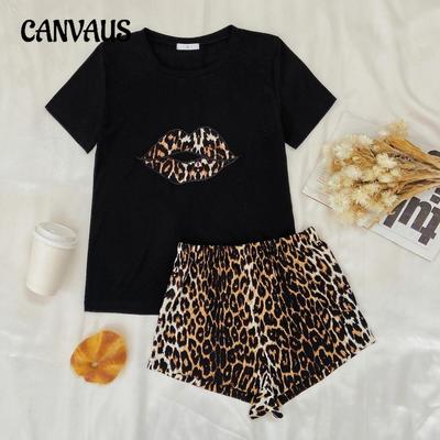 Pyjamas Damen Frühling und Sommer Leopardenmuster Kurzarm Shorts Home Kleidung Schlafanzüge